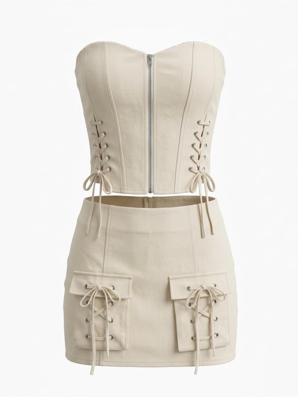 Y2K Beige Lace Up Corset Crop Top Mini Skort Set Utility Streetwear Two Piece⁠